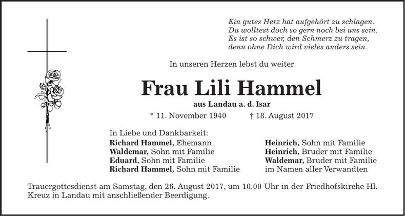 Traueranzeige Lili Hammel