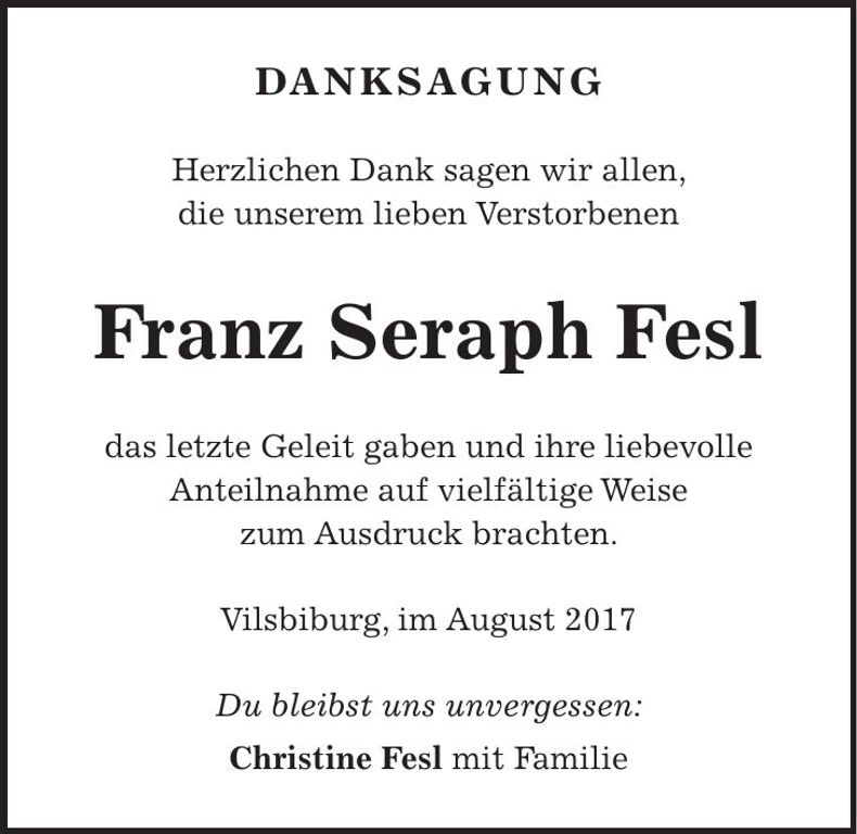 Traueranzeige Franz Seraph Fesl