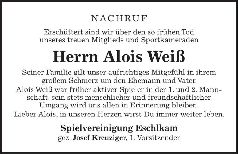 Traueranzeige Alois Weiß