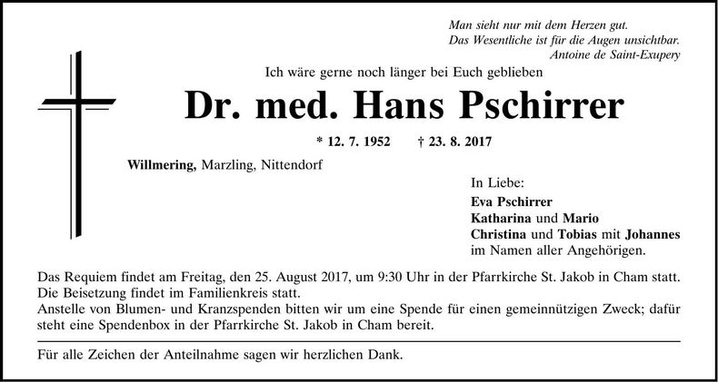 Traueranzeige Dr. med. Hans Pschirrer