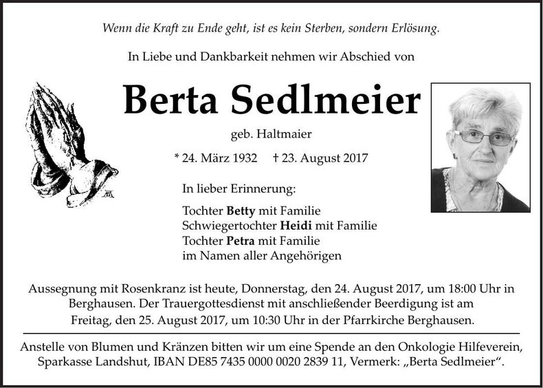 Traueranzeige Berta Sedlmeier