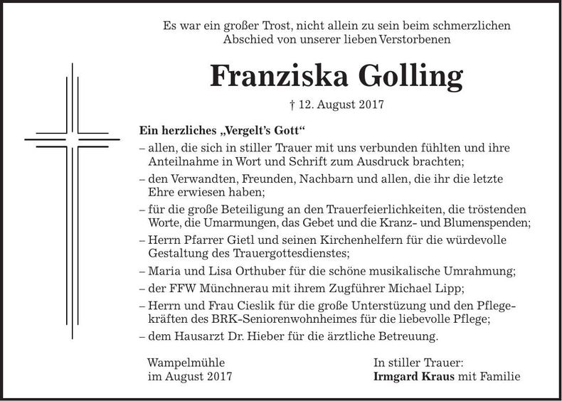 Traueranzeige Franziska Golling