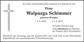 Traueranzeige Walpurga Schimmer