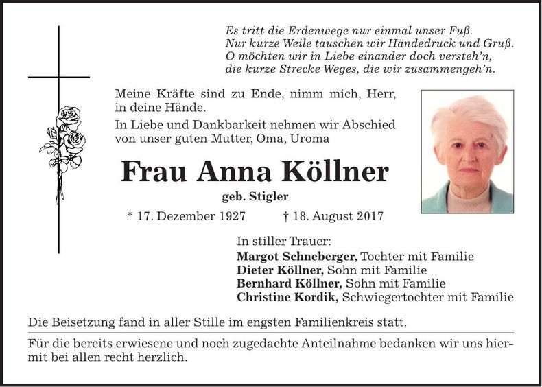 Traueranzeige Anna Köllner