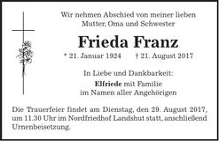 Traueranzeige Frieda Franz