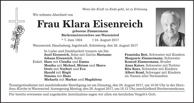 Traueranzeige Klara Eisenreich