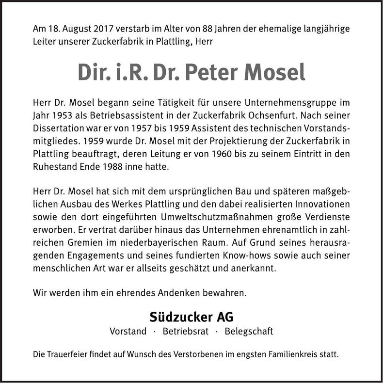 Traueranzeige Peter Mosel