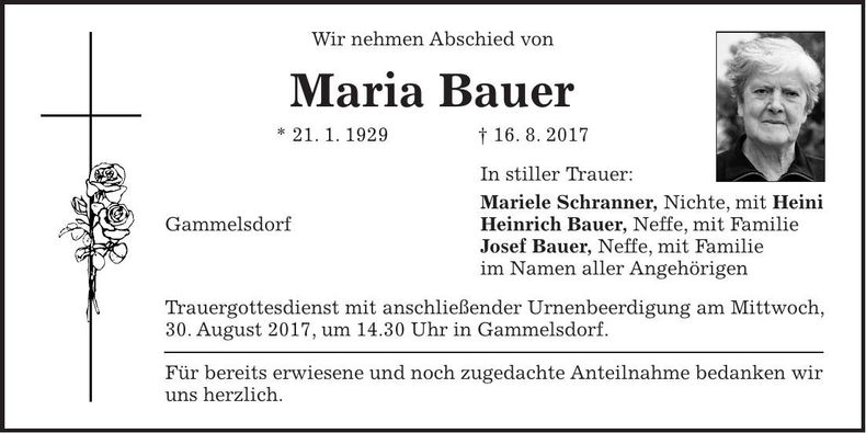 Traueranzeige Maria Bauer