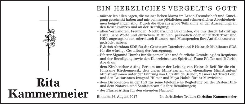 Traueranzeige Rita Kammermeier
