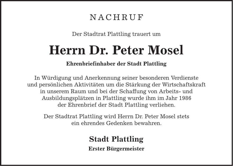 Traueranzeige Peter Mosel