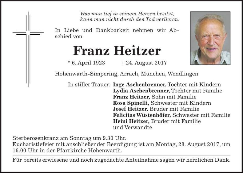 Traueranzeige Franz Heitzer