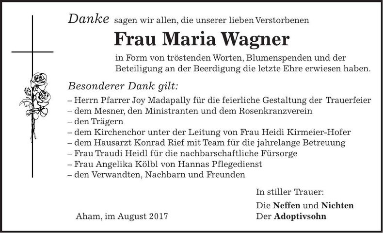 Traueranzeige Maria Wagner