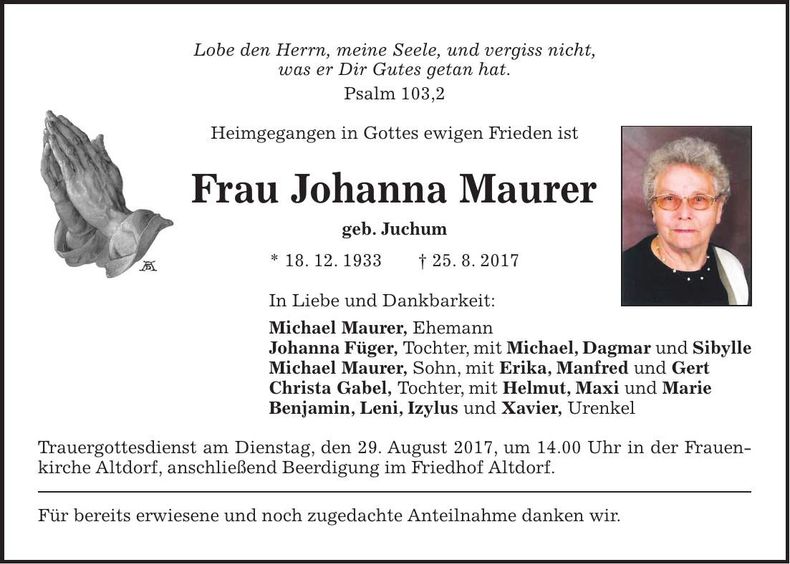 Traueranzeige Johanna Maurer