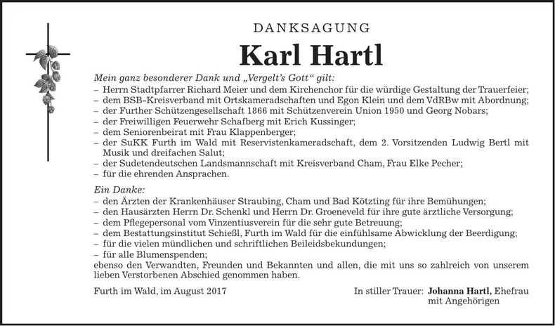 Traueranzeige Karl Hartl
