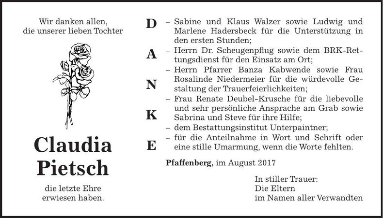 Traueranzeige Claudia Pietsch