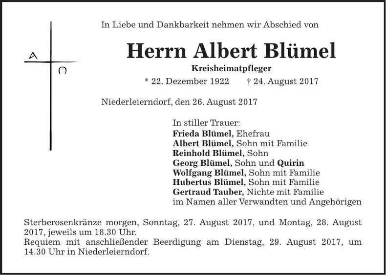 Traueranzeige Albert Blümel
