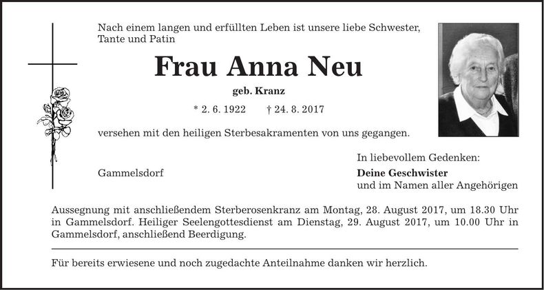 Traueranzeige Anna Neu