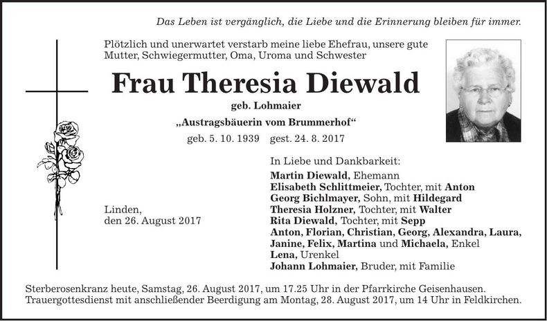 Traueranzeige Theresia Diewald