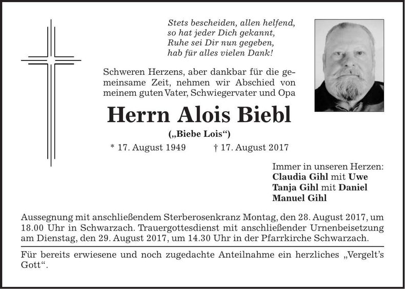Traueranzeige Alois Biebl
