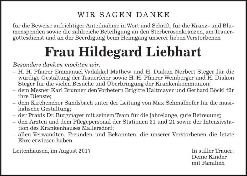 Traueranzeige Hildegard Liebhart