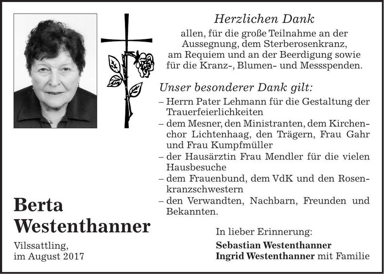 Traueranzeige Berta Westenthanner