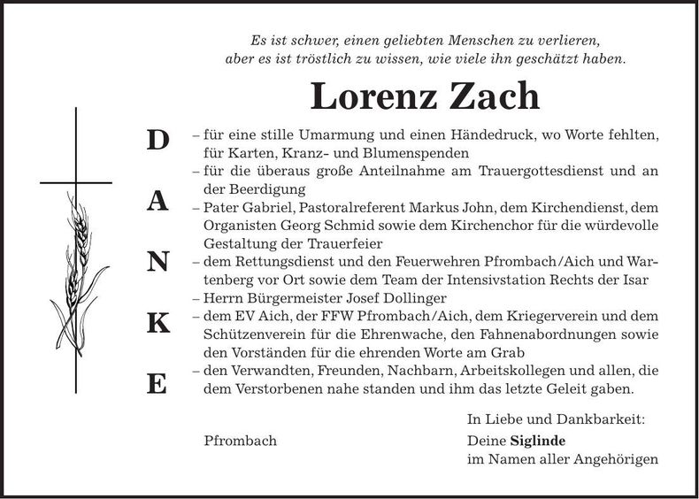 Traueranzeige Lorenz Zach