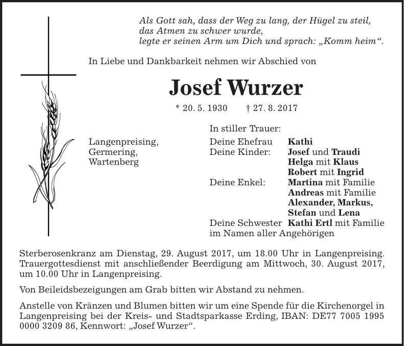 Traueranzeige Josef Wurzer