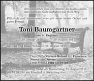 Traueranzeige Toni Baumgartner