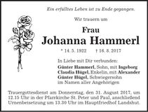 Traueranzeige Johanna Hammerl