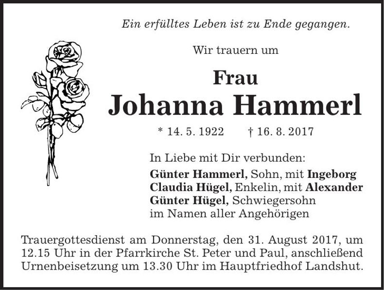 Traueranzeige Johanna Hammerl