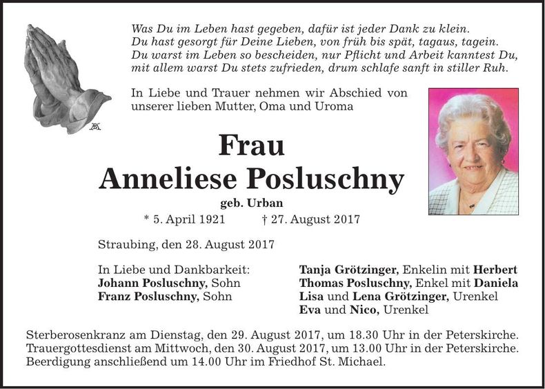Traueranzeige Anneliese Posluschny