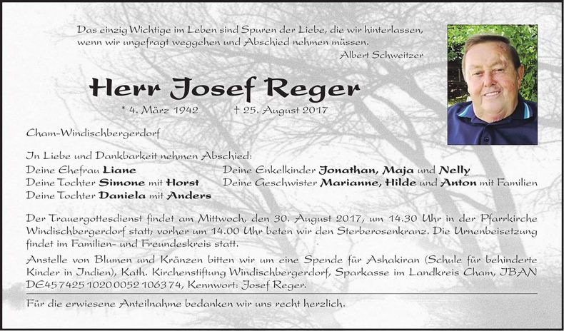 Traueranzeige Josef Reger