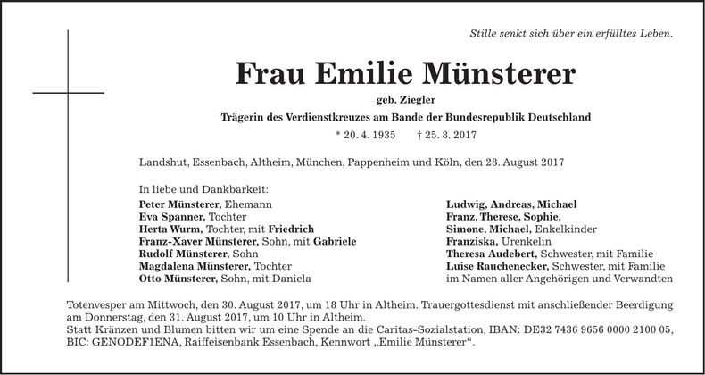 Traueranzeige Emilie Münsterer