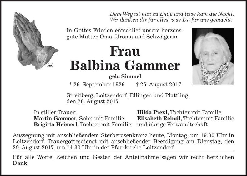Traueranzeige Balbina Gammer