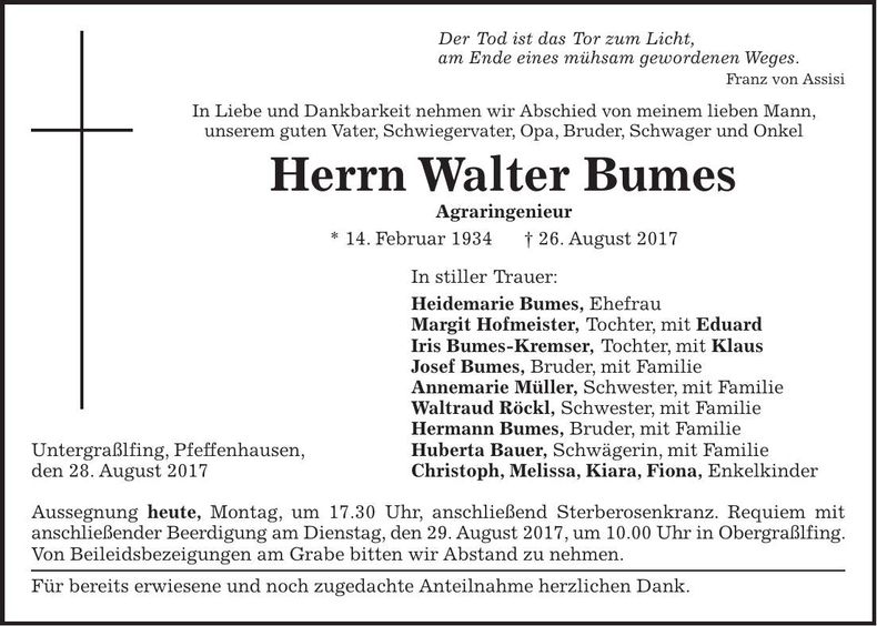 Traueranzeige Walter Bumes