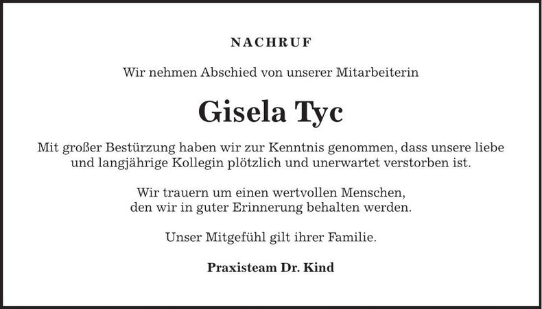 Traueranzeige Gisela Tyc