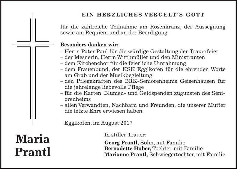 Traueranzeige Maria Prantl
