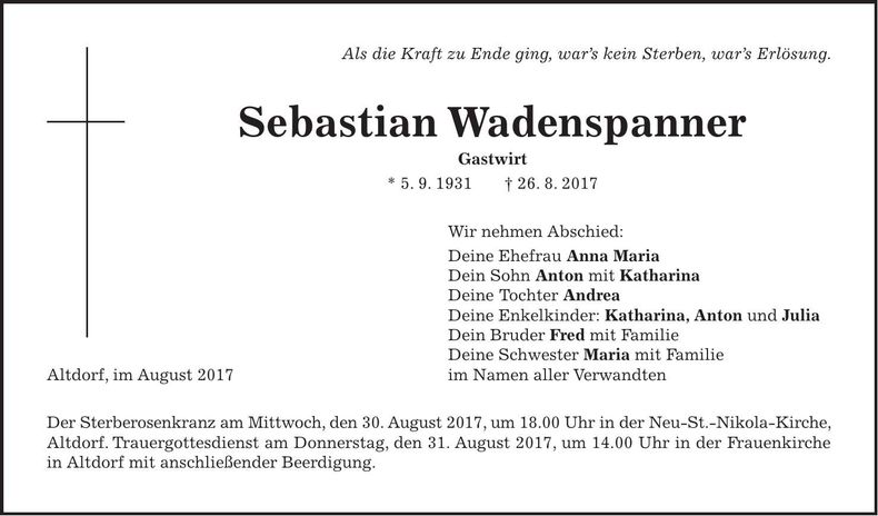 Traueranzeige Sebastian Wadenspanner