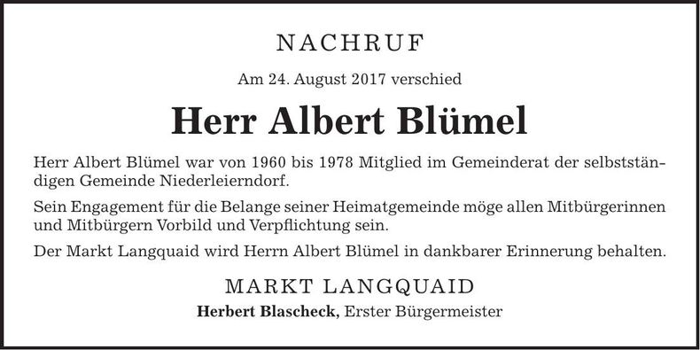 Traueranzeige Albert Blümel