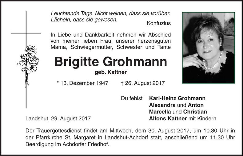 Traueranzeige Brigitte Grohmann
