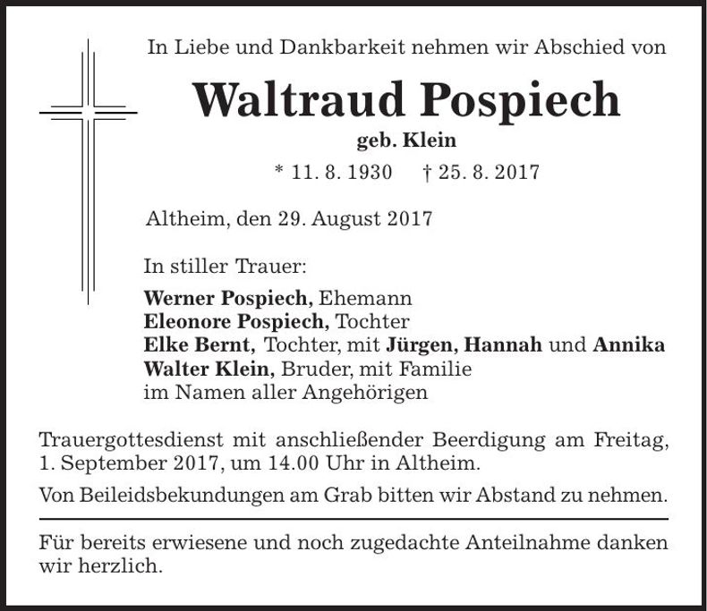 Traueranzeige Waltraud Pospiech