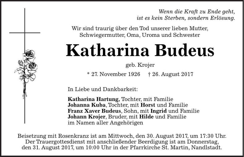 Traueranzeige Katharina Budeus