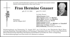 Traueranzeige Hermine Gauner
