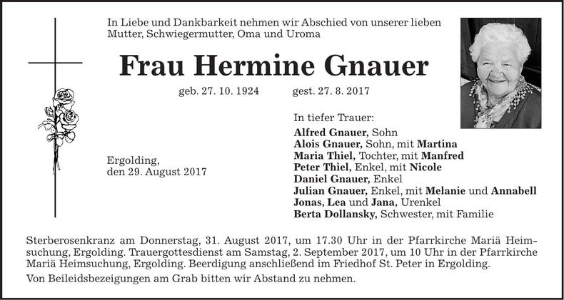 Traueranzeige Hermine Gauner
