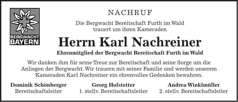 Traueranzeige Karl Nachreiner