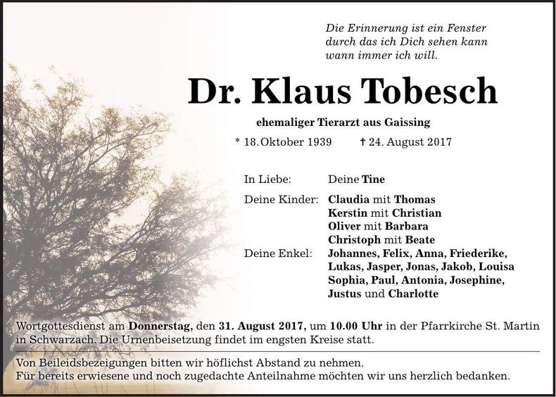 Traueranzeige Klaus Dr. Tobesch