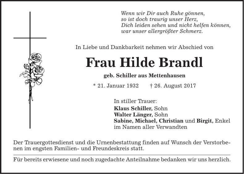 Traueranzeige Hilde Brandl