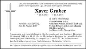 Traueranzeige Xaver Gruber