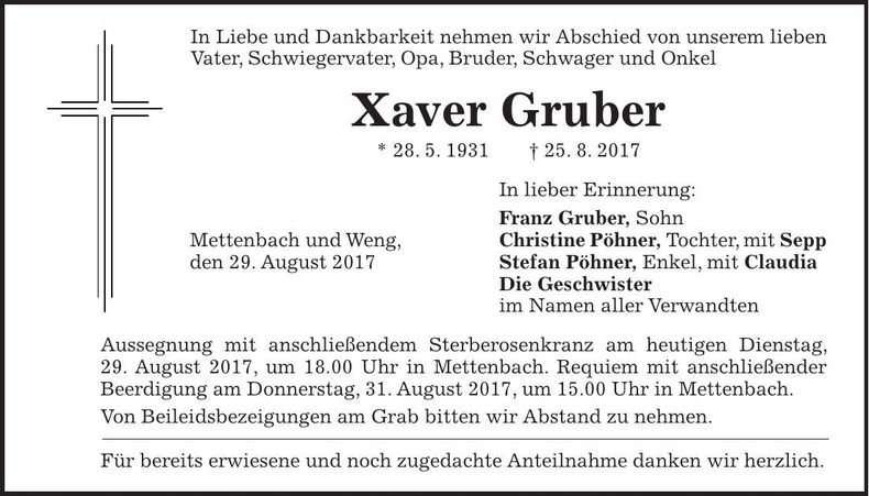 Traueranzeige Xaver Gruber