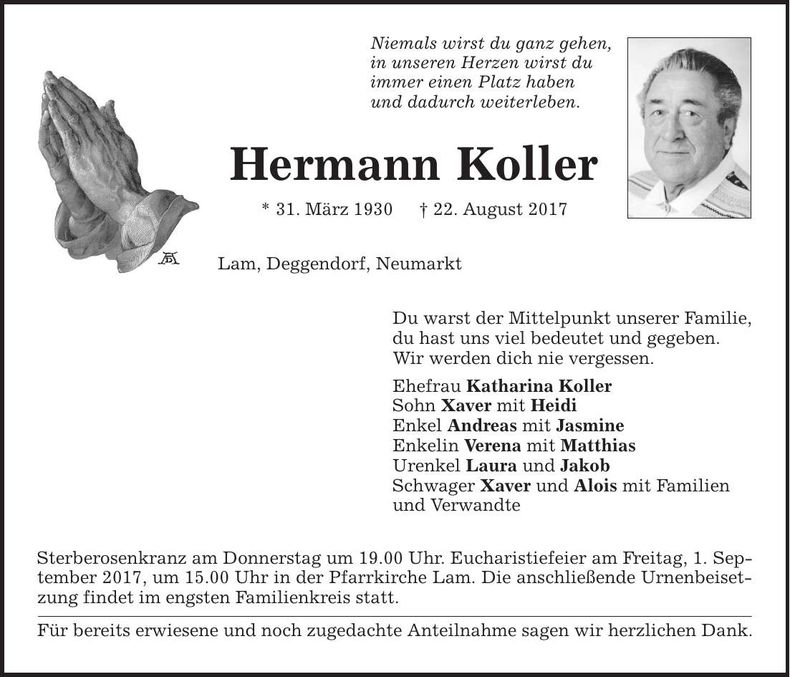 Traueranzeige Hermann Koller